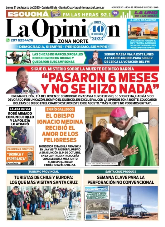 Diario La Opinión Zona Norte tapa edición impresa del lunes 21 de agosto de 2023, Caleta Olivia, Santa Cruz, Argentina