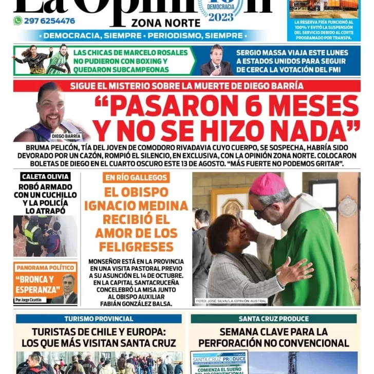 Diario La Opinión Zona Norte tapa edición impresa del lunes 21 de agosto de 2023, Caleta Olivia, Santa Cruz, Argentina