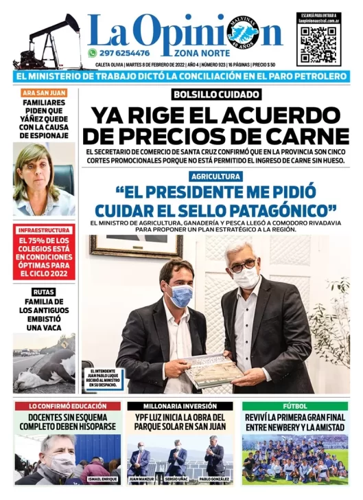 Diario La Opinión Zona Norte Tapa edición impresa del martes 8 de febrero de 2022, Caleta Olivia, Santa Cruz, Argentina