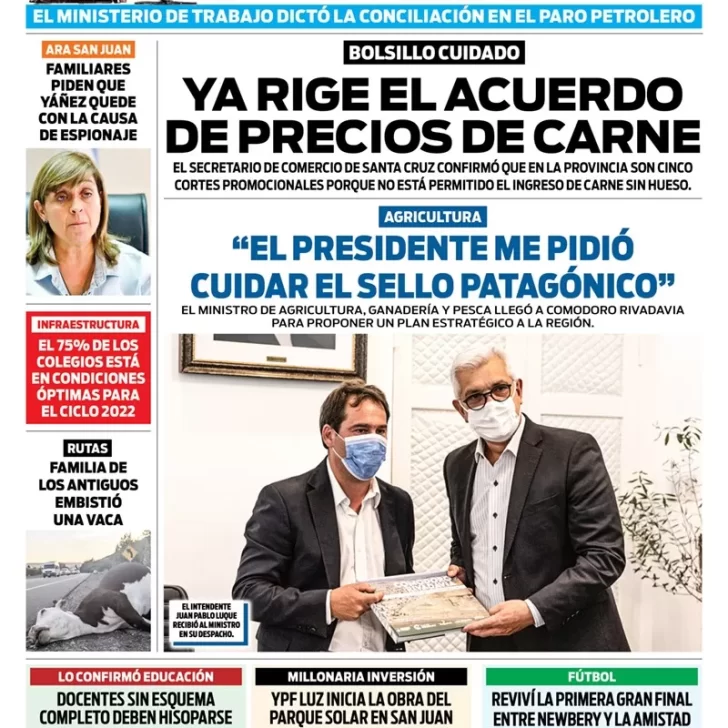 Diario La Opinión Zona Norte Tapa edición impresa del martes 8 de febrero de 2022, Caleta Olivia, Santa Cruz, Argentina