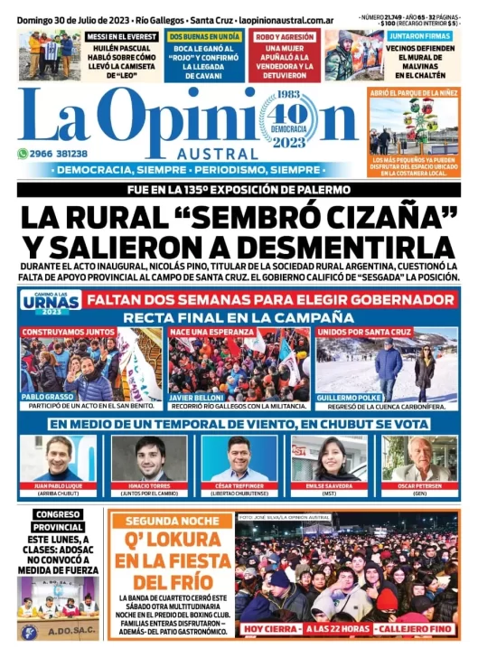 Diario La Opinión Austral tapa edición impresa del domingo 30 de julio de 2023, Río Gallegos, Santa Cruz, Argentina