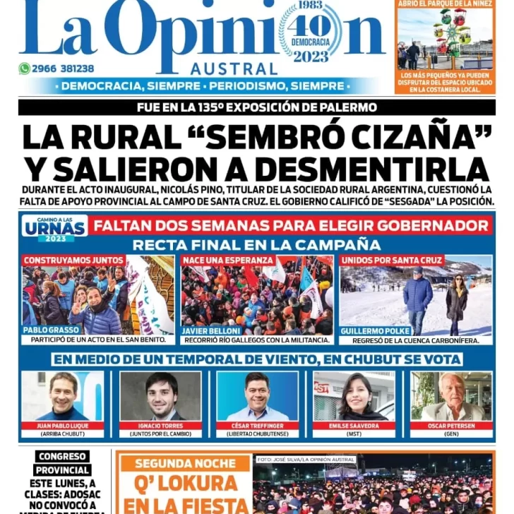 Diario La Opinión Austral tapa edición impresa del domingo 30 de julio de 2023, Río Gallegos, Santa Cruz, Argentina