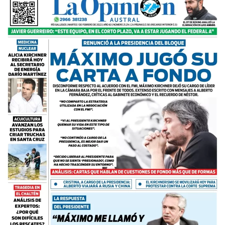 Diario La Opinión Austral tapa edición impresa del 1 de febrero de 2022 Río Gallegos, Santa Cruz, Argentina Diario La Opinión Austral tapa edición impresa del 1 de febrero de 2022 Río Gallegos, Santa Cruz, Argentina