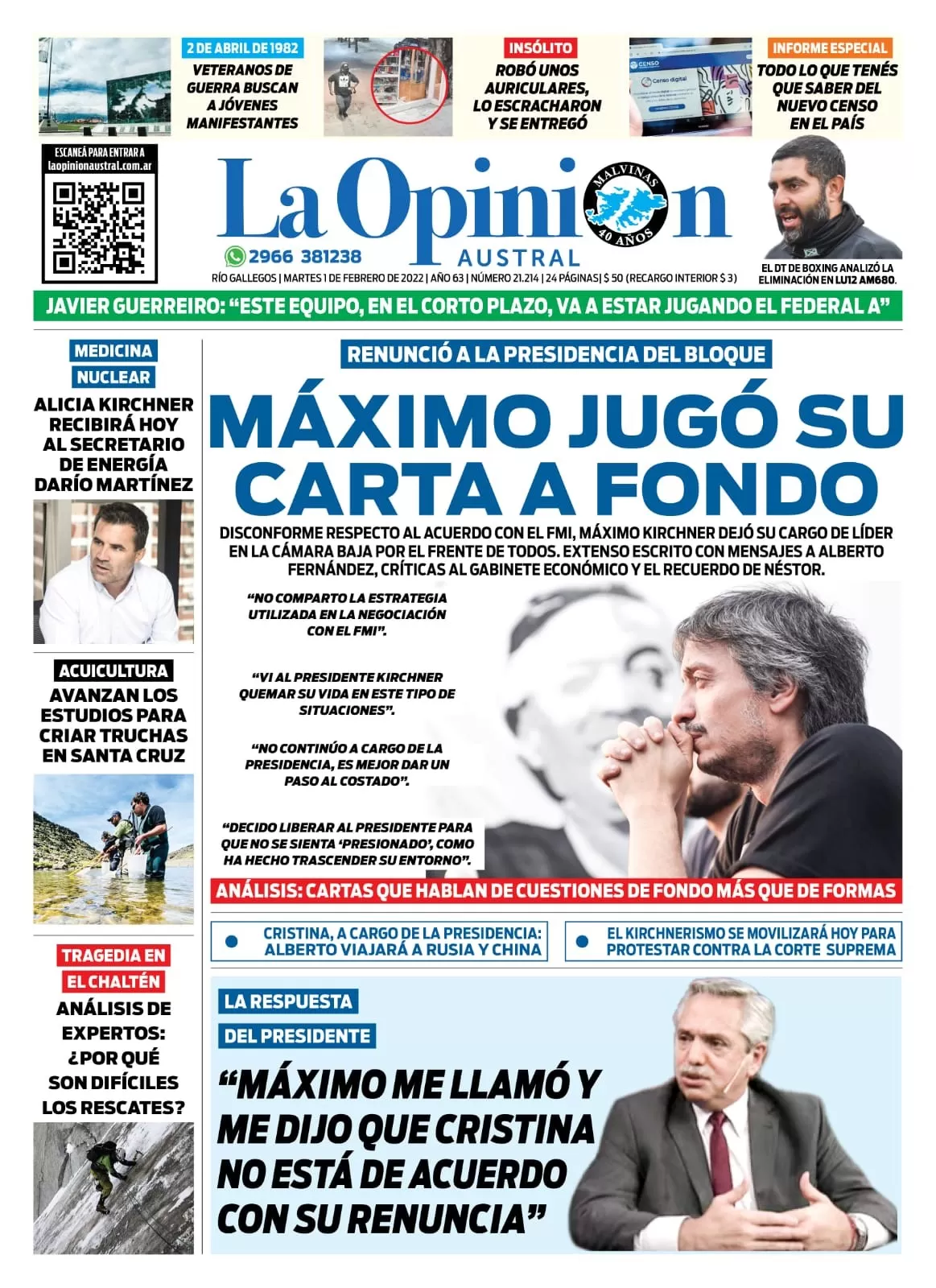 Diario La Opinión Austral tapa edición impresa del 1 de febrero de 2022 Río Gallegos, Santa Cruz, Argentina Diario La Opinión Austral tapa edición impresa del 1 de febrero de 2022 Río Gallegos, Santa Cruz, Argentina