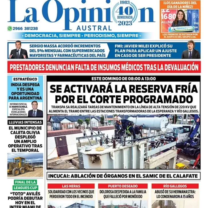 Diario La Opinión Austral tapa edición impresa del sábado 19 de agosto de 2023, Río Gallegos, Santa Cruz, Argentina