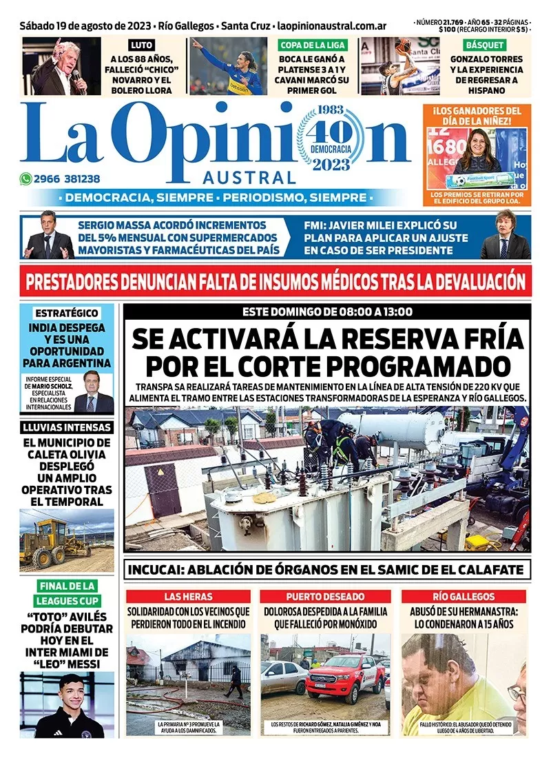 Diario La Opinión Austral tapa edición impresa del sábado 19 de agosto de 2023, Río Gallegos, Santa Cruz, Argentina