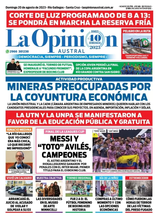 Diario La Opinión Austral tapa edición impresa del domingo 20 de agosto de 2023, Río Gallegos, Santa Cruz, Argentina