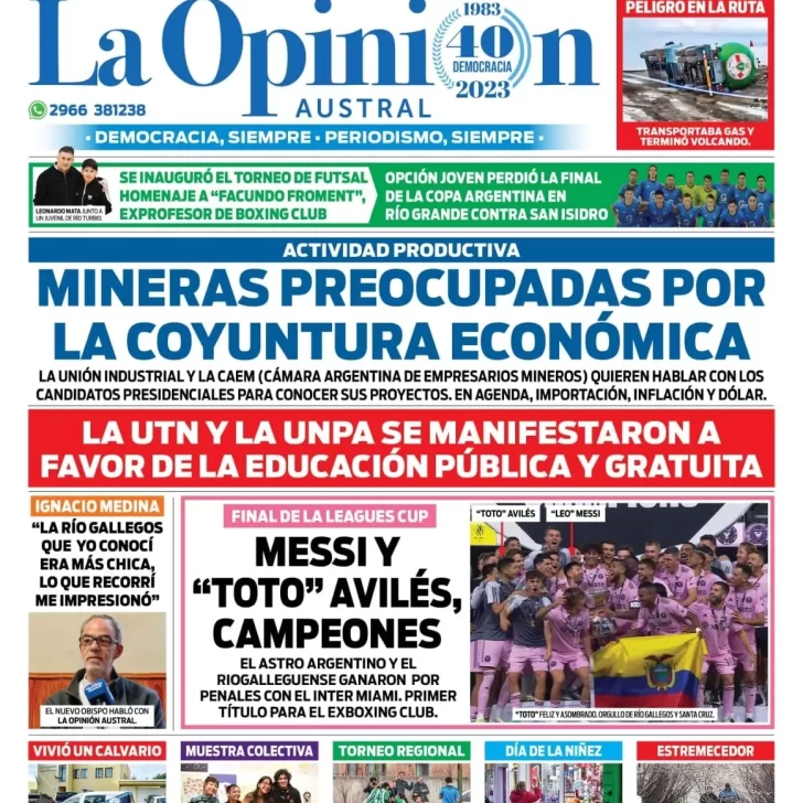 Diario La Opinión Austral tapa edición impresa del domingo 20 de agosto de 2023, Río Gallegos, Santa Cruz, Argentina