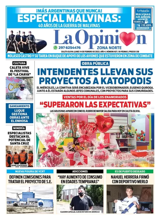 Diario La Opinión Zona Norte Tapa edición impresa del lunes 14 de febrero de 2022, Caleta Olivia, Santa Cruz, Argentina
