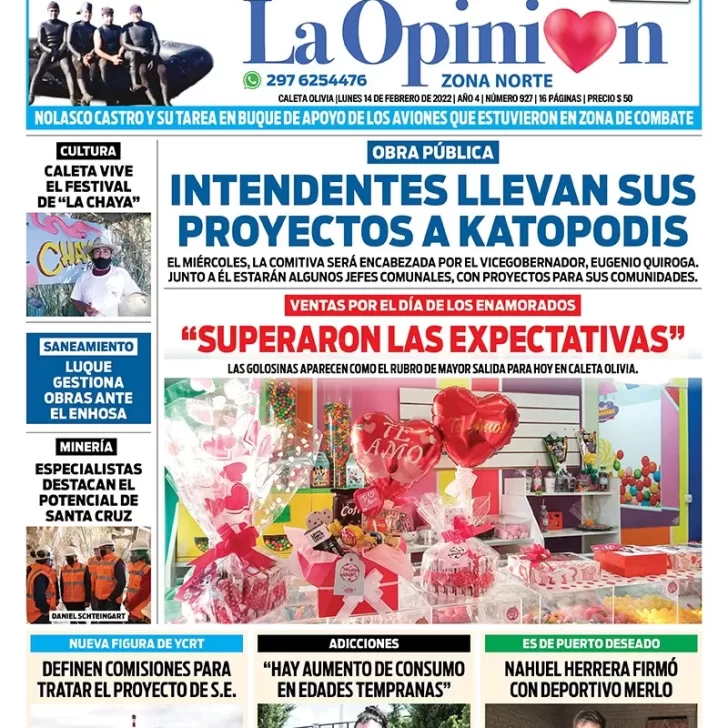 Diario La Opinión Zona Norte Tapa edición impresa del lunes 14 de febrero de 2022, Caleta Olivia, Santa Cruz, Argentina