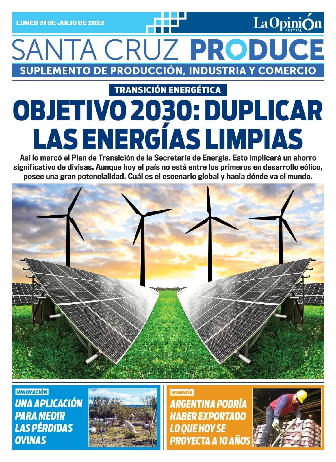 Tapa Suplemento especial de Santa Cruz Produce, Objetivo 2030: duplicar las energías limpias