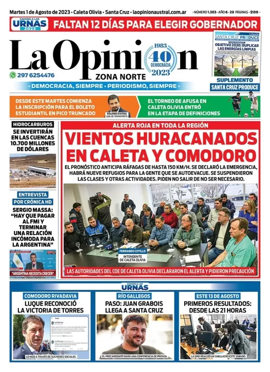 Diario La Opinión Zona Norte tapa edición impresa del martes 1 de agosto de 2023, Caleta Olivia, Santa Cruz, Argentina