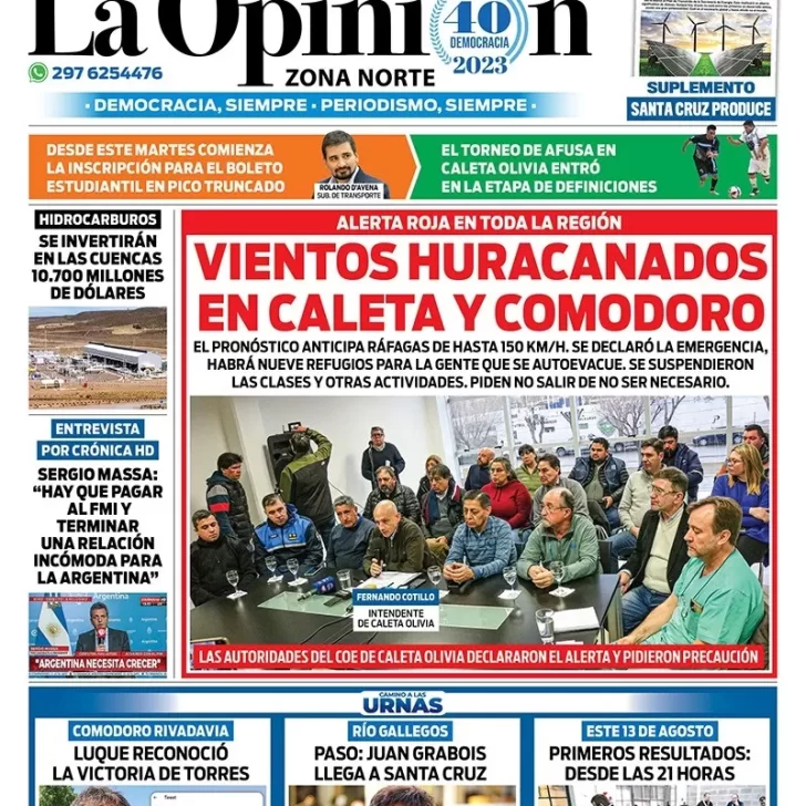 Diario La Opinión Zona Norte tapa edición impresa del martes 1 de agosto de 2023, Caleta Olivia, Santa Cruz, Argentina