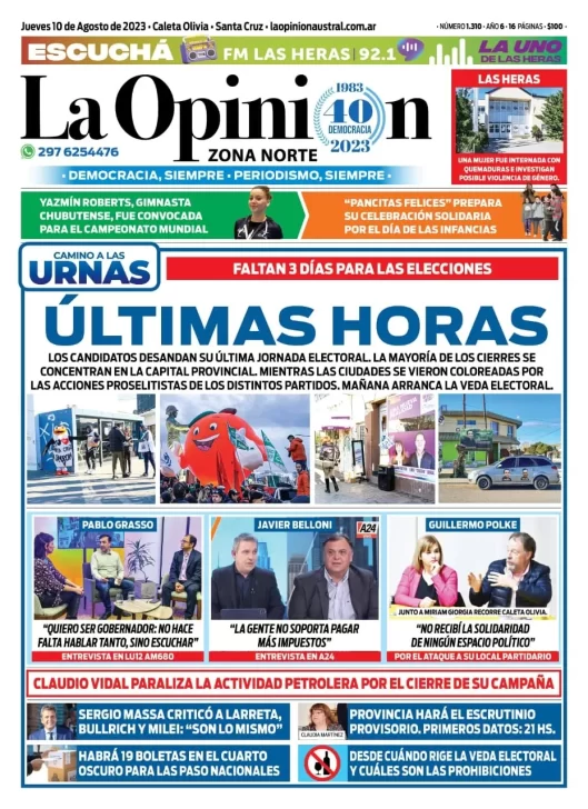 Diario La Opinión Zona Norte tapa edición impresa del jueves 10 de agosto de 2023, Caleta Olivia, Santa Cruz, Argentina