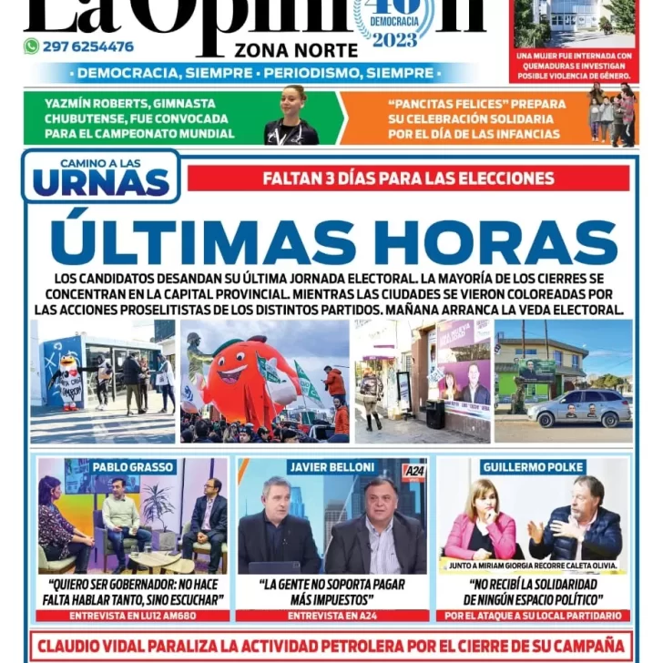 Diario La Opinión Zona Norte tapa edición impresa del jueves 10 de agosto de 2023, Caleta Olivia, Santa Cruz, Argentina