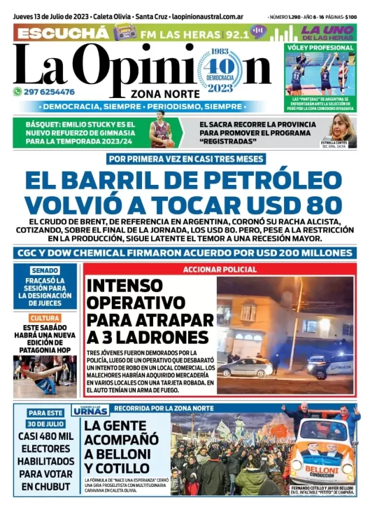 Diario La Opinión Zona Norte tapa edición impresa del jueves 13 de julio de 2023, Caleta Olivia, Santa Cruz, Argentina