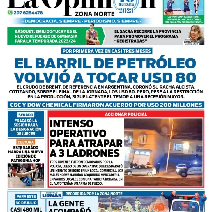 Diario La Opinión Zona Norte tapa edición impresa del jueves 13 de julio de 2023, Caleta Olivia, Santa Cruz, Argentina