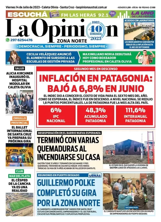 Diario La Opinión Zona Norte tapa edición impresa del viernes 14 de julio de 2023, Caleta Olivia, Santa Cruz, Argentina