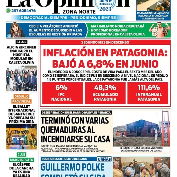 Diario La Opinión Zona Norte tapa edición impresa del viernes 14 de julio de 2023, Caleta Olivia, Santa Cruz, Argentina