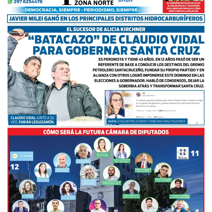 Diario La Opinión Zona Norte tapa edición impresa del martes 15 de agosto de 2023, Caleta Olivia, Santa Cruz, Argentina