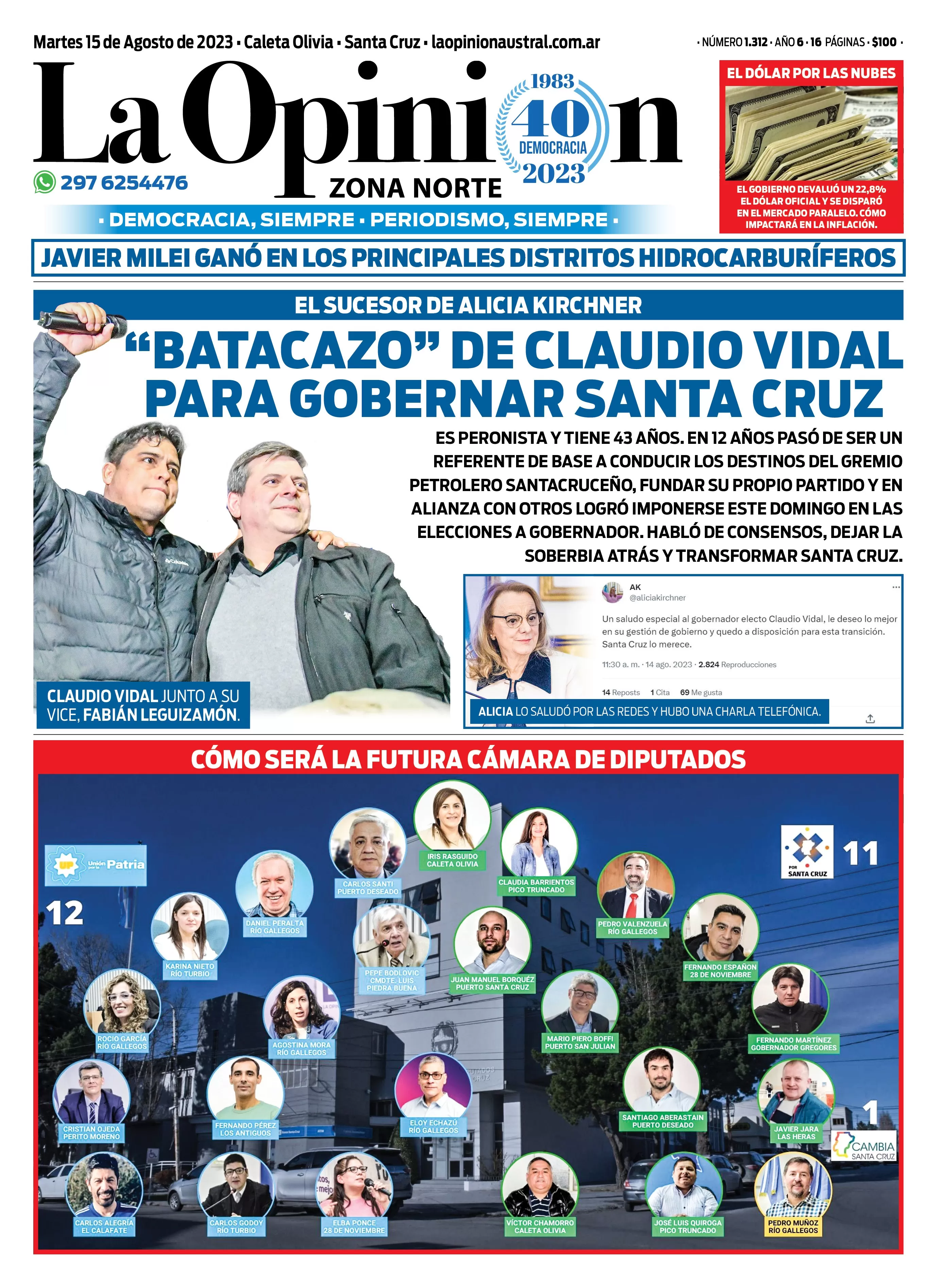 Diario La Opinión Zona Norte tapa edición impresa del martes 15 de agosto de 2023, Caleta Olivia, Santa Cruz, Argentina