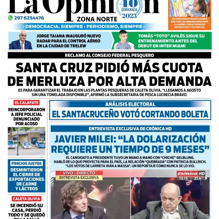 Diario La Opinión Zona Norte tapa edición impresa del miércoles 16 de agosto de 2023, Caleta Olivia, Santa Cruz, Argentina
