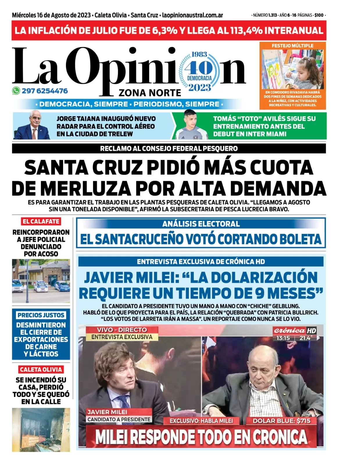 Diario La Opinión Zona Norte tapa edición impresa del miércoles 16 de agosto de 2023, Caleta Olivia, Santa Cruz, Argentina