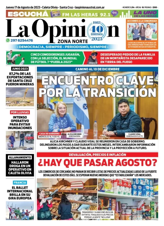 Diario La Opinión Zona Norte tapa edición impresa del jueves 17 de agosto de 2023, Caleta Olivia, Santa Cruz, Argentina