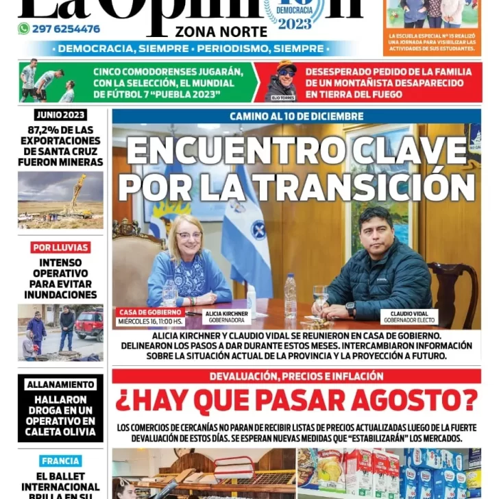 Diario La Opinión Zona Norte tapa edición impresa del jueves 17 de agosto de 2023, Caleta Olivia, Santa Cruz, Argentina