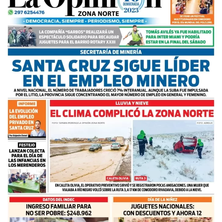 Diario La Opinión Zona Norte tapa edición impresa del viernes 18 de agosto de 2023, Caleta Olivia, Santa Cruz, Argentina