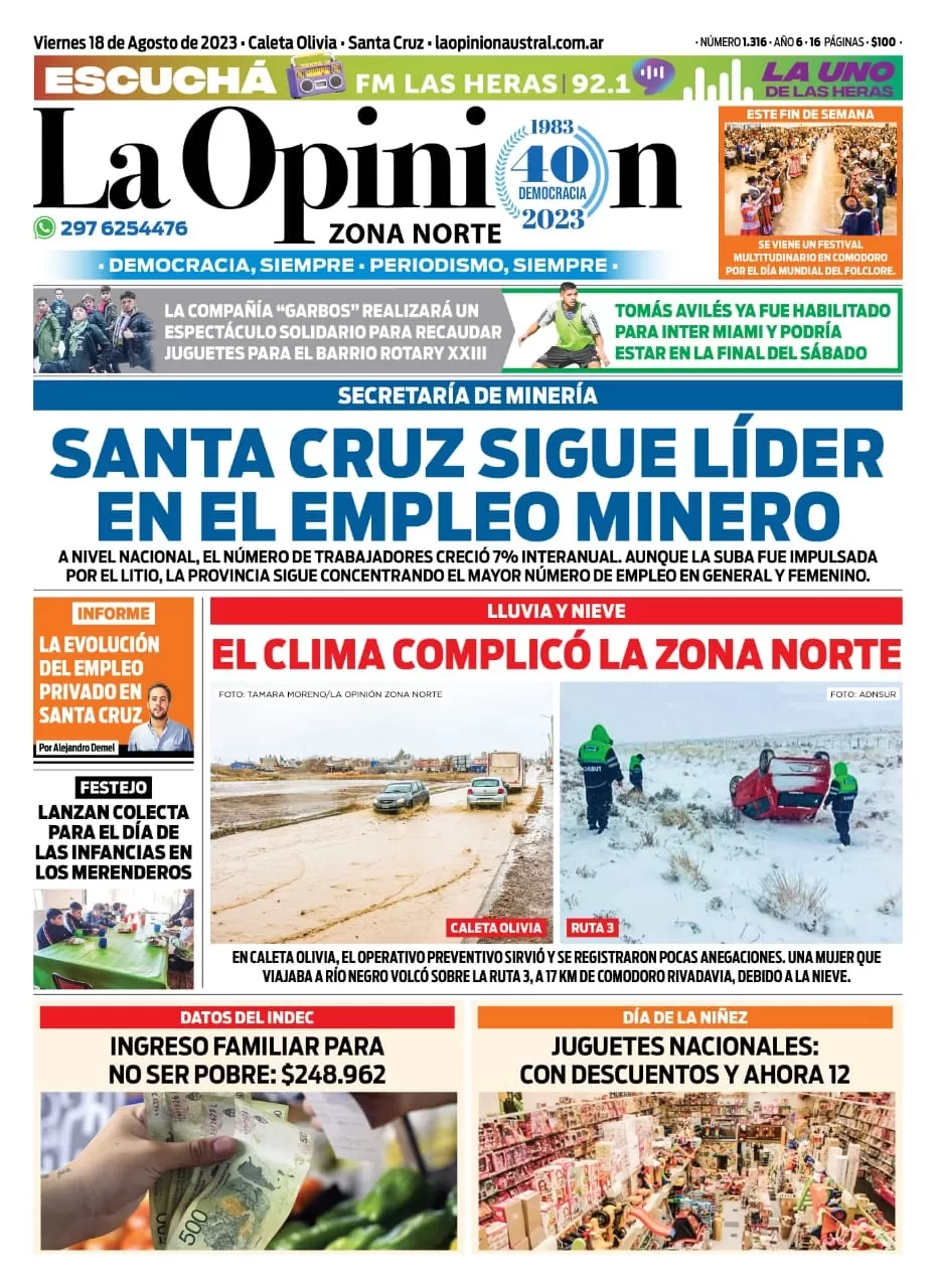 Diario La Opinión Zona Norte tapa edición impresa del viernes 18 de agosto de 2023, Caleta Olivia, Santa Cruz, Argentina