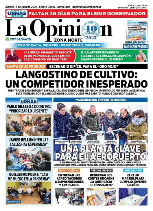 Diario La Opinión Zona Norte tapa edición impresa del martes 18 de julio de 2023, Caleta Olivia, Santa Cruz, Argentina