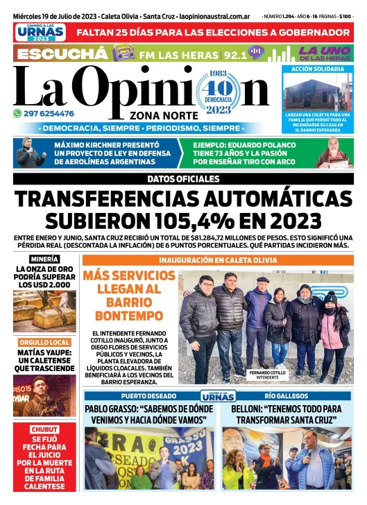 Diario La Opinión Zona Norte tapa edición impresa del miércoles 19 de julio de 2023, Caleta Olivia, Santa Cruz, Argentina