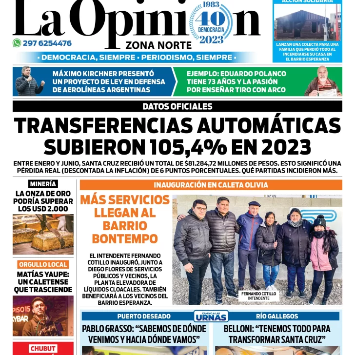 Diario La Opinión Zona Norte tapa edición impresa del miércoles 19 de julio de 2023, Caleta Olivia, Santa Cruz, Argentina