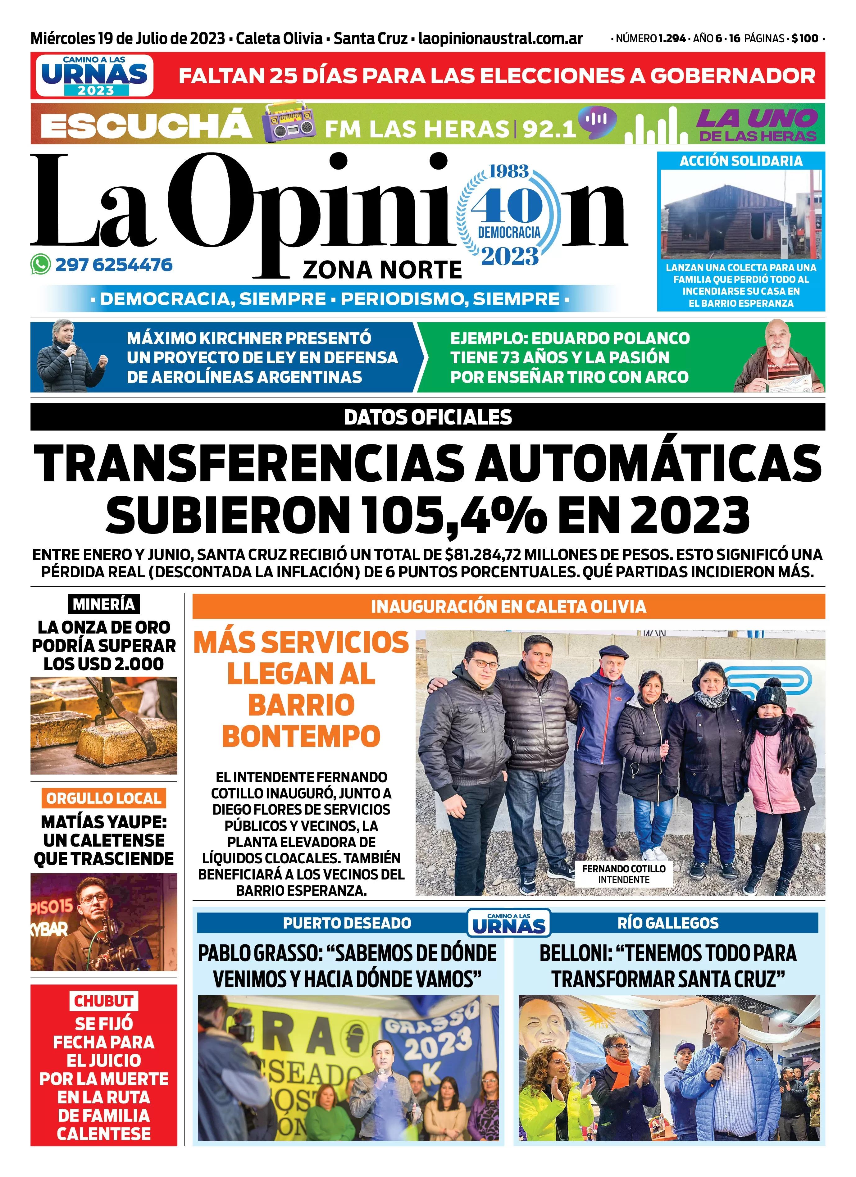 Diario La Opinión Zona Norte tapa edición impresa del miércoles 19 de julio de 2023, Caleta Olivia, Santa Cruz, Argentina