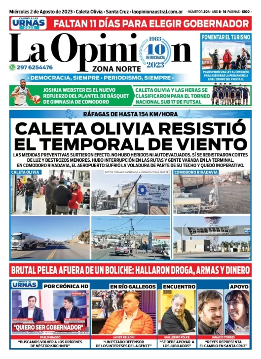 Diario La Opinión Zona Norte tapa edición impresa del miércoles 2 de agosto de 2023, Caleta Olivia, Santa Cruz, Argentina