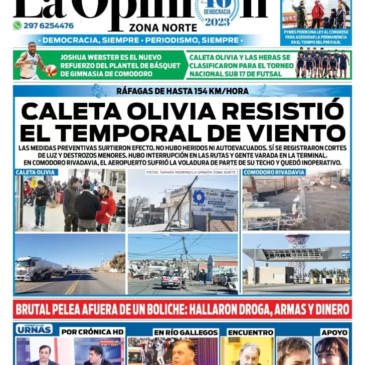 Diario La Opinión Zona Norte tapa edición impresa del miércoles 2 de agosto de 2023, Caleta Olivia, Santa Cruz, Argentina