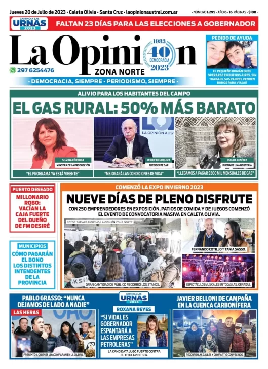 Diario La Opinión Zona Norte tapa edición impresa del jueves 20 de julio de 2023, Caleta Olivia, Santa Cruz, Argentina