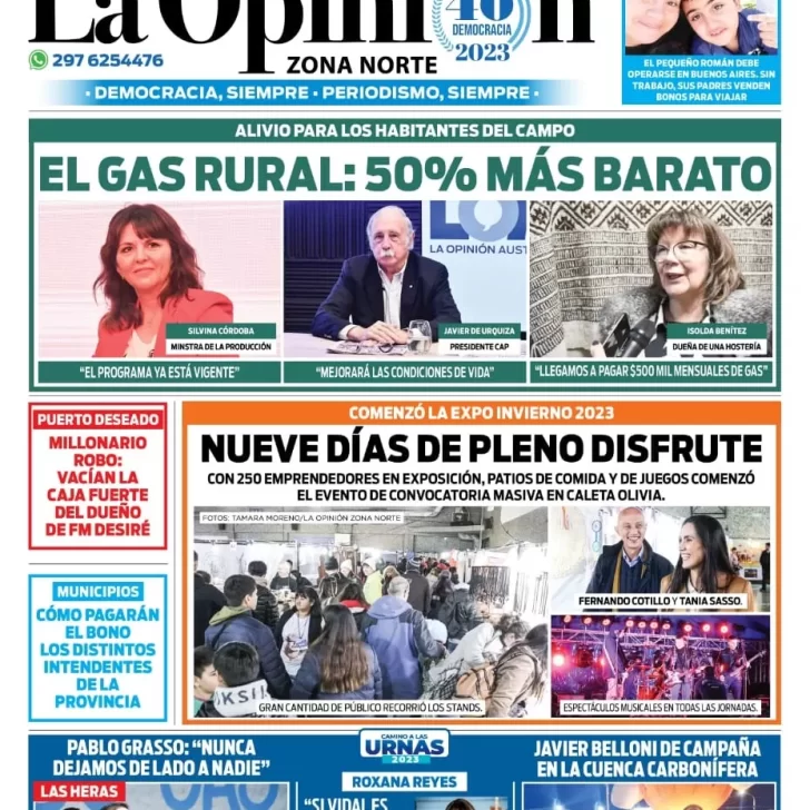 Diario La Opinión Zona Norte tapa edición impresa del jueves 20 de julio de 2023, Caleta Olivia, Santa Cruz, Argentina