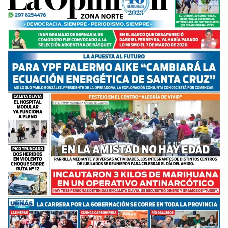 Diario La Opinión Zona Norte tapa edición impresa del viernes 21 de julio de 2023, Caleta Olivia, Santa Cruz, Argentina