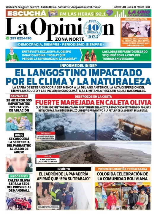 Diario La Opinión Zona Norte tapa edición impresa del martes 22 de agosto de 2023, Caleta Olivia, Santa Cruz, Argentina
