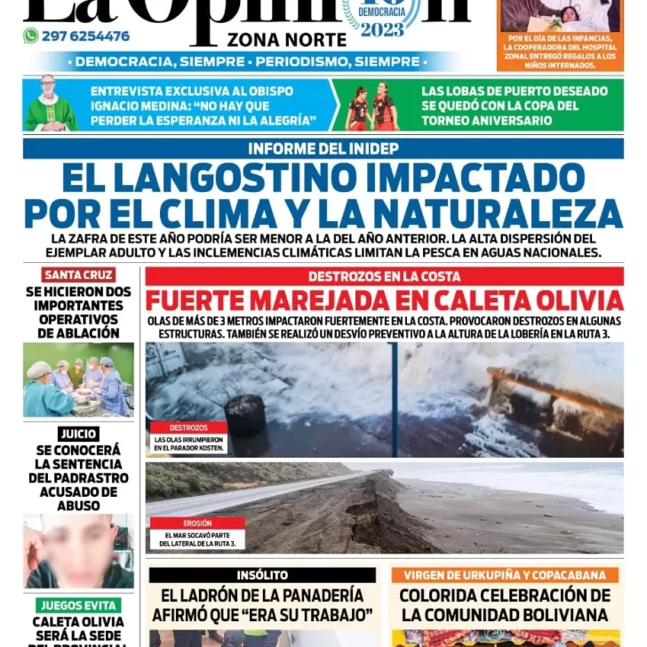 Diario La Opinión Zona Norte tapa edición impresa del martes 22 de agosto de 2023, Caleta Olivia, Santa Cruz, Argentina