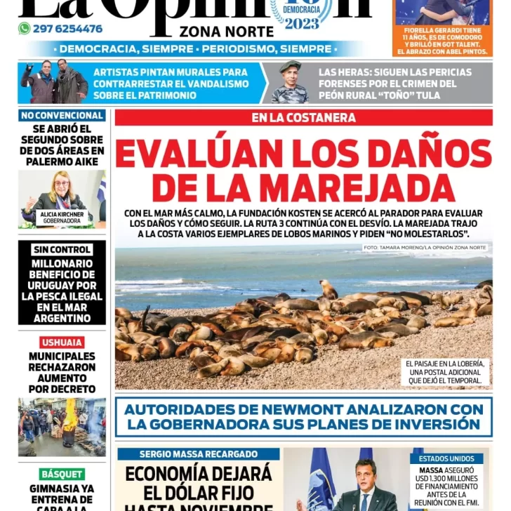 Diario La Opinión Zona Norte tapa edición impresa del miércoles 23 de agosto de 2023, Caleta Olivia, Santa Cruz, Argentina