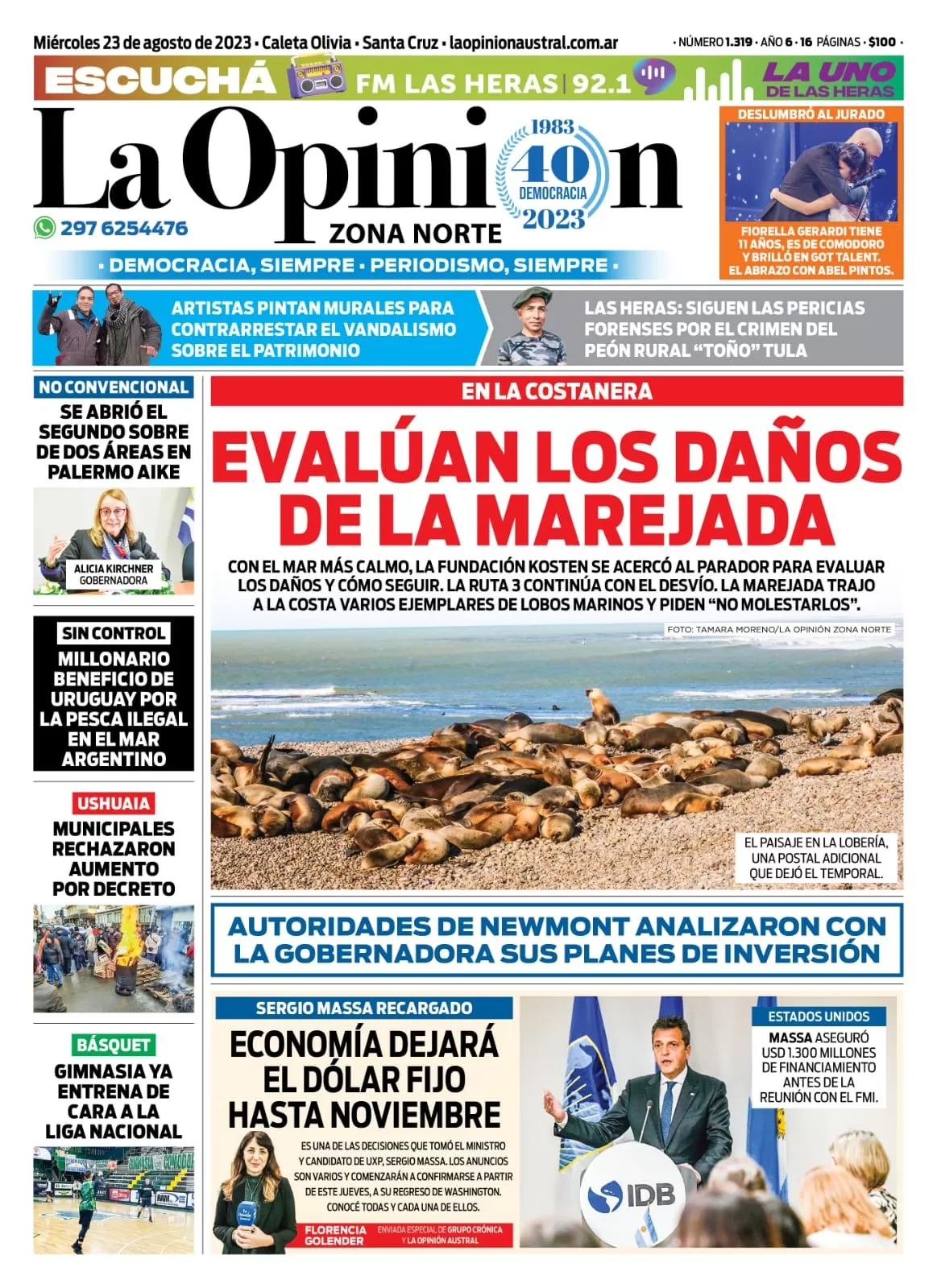 Diario La Opinión Zona Norte tapa edición impresa del miércoles 23 de agosto de 2023, Caleta Olivia, Santa Cruz, Argentina