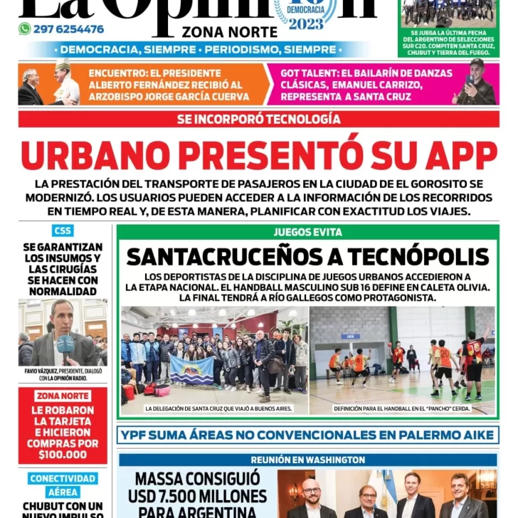 Diario La Opinión Zona Norte tapa edición impresa del jueves 24 de agosto de 2023, Caleta Olivia, Santa Cruz, Argentina
