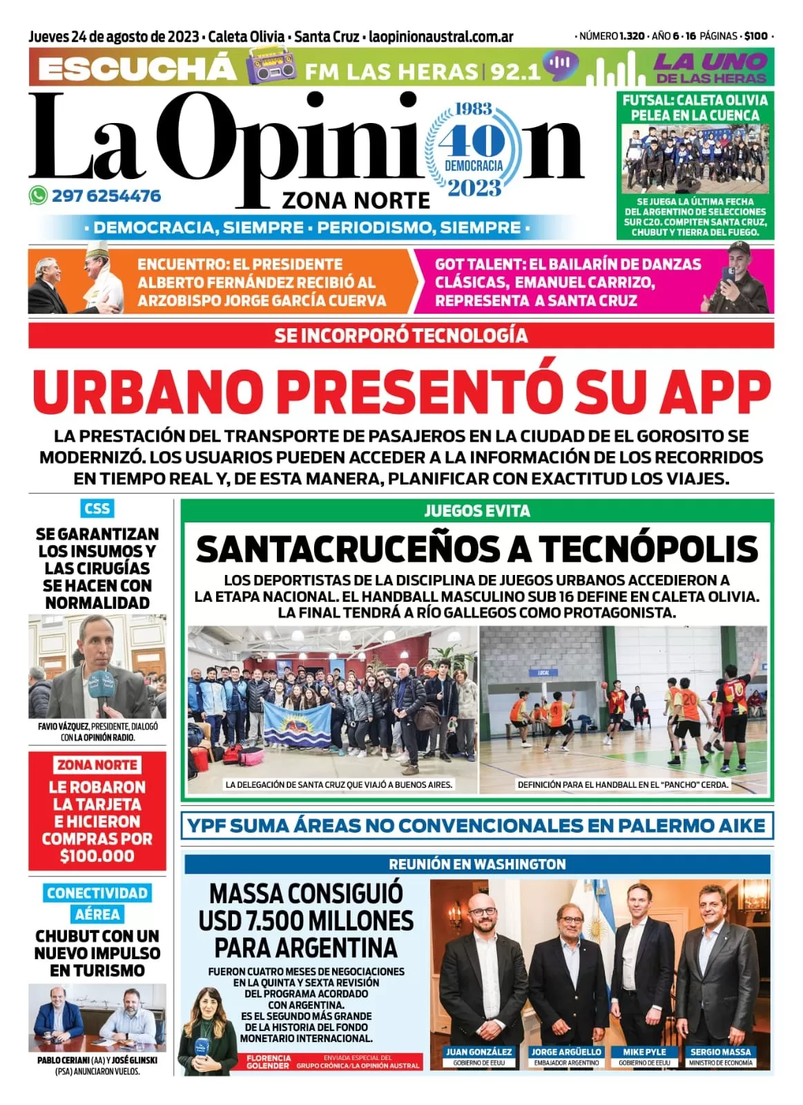 Diario La Opinión Zona Norte tapa edición impresa del jueves 24 de agosto de 2023, Caleta Olivia, Santa Cruz, Argentina