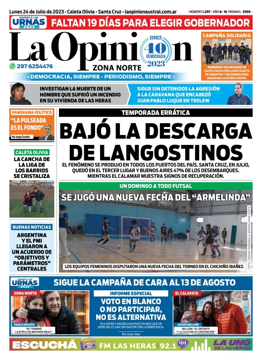 Diario La Opinión Zona Norte tapa edición impresa del lunes 24 de julio de 2023, Caleta Olivia, Santa Cruz, Argentina