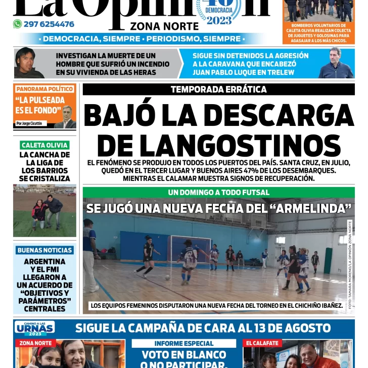 Diario La Opinión Zona Norte tapa edición impresa del lunes 24 de julio de 2023, Caleta Olivia, Santa Cruz, Argentina