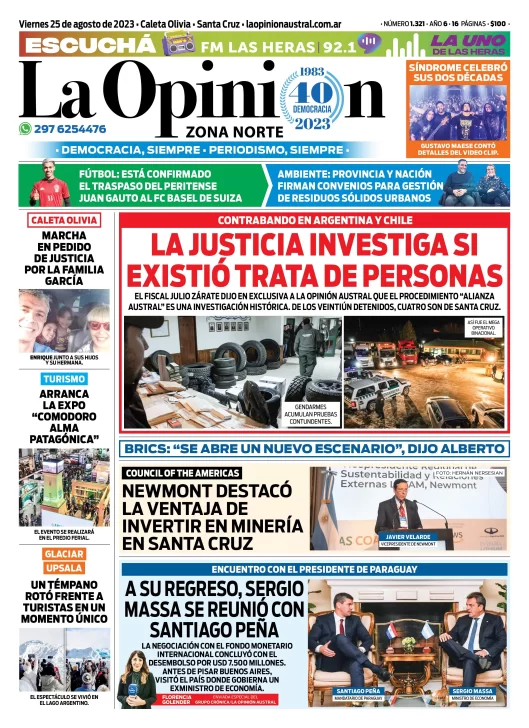 Diario La Opinión Zona Norte tapa edición impresa del viernes 25 de agosto de 2023, Caleta Olivia, Santa Cruz, Argentina