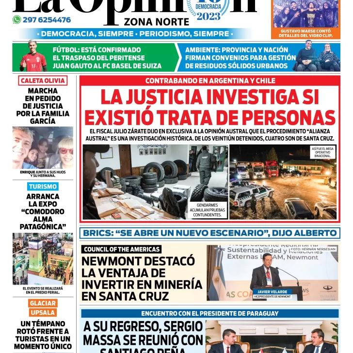 Diario La Opinión Zona Norte tapa edición impresa del viernes 25 de agosto de 2023, Caleta Olivia, Santa Cruz, Argentina